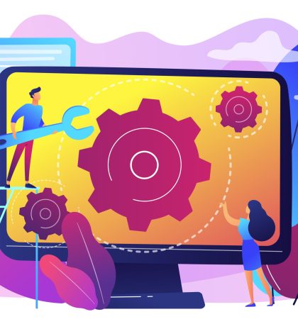 Computer technician with wrench repairing computer screen with gears. Computer service, laptop repair center, notebook setup service concept. Bright vibrant violet vector isolated illustration